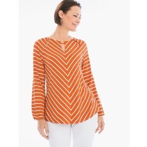Chico’s Orange White Chevron Striped Long Sleeve Peasant Blouse Fall Autumn M